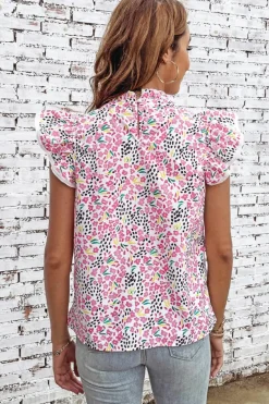 Discount Dear-Lover Multicolor Abstract Print High Neck Flutter Sleeves Top Pink