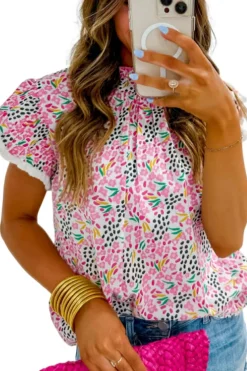 Discount Dear-Lover Multicolor Abstract Print High Neck Flutter Sleeves Top Pink