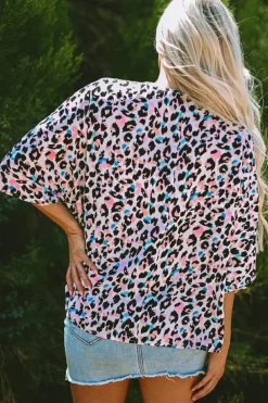 Hot Dear-Lover Multicolor Leopard Print V Neck Oversized Blouse Pink