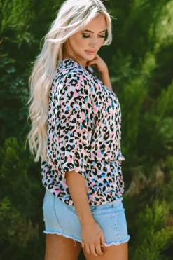 Hot Dear-Lover Multicolor Leopard Print V Neck Oversized Blouse Pink