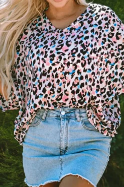 Hot Dear-Lover Multicolor Leopard Print V Neck Oversized Blouse Pink