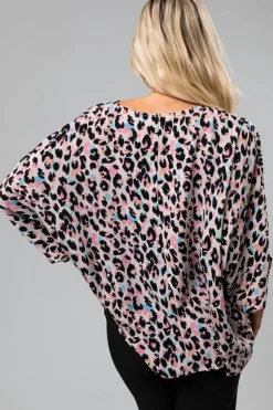 Hot Dear-Lover Multicolor Leopard Print V Neck Oversized Blouse Pink
