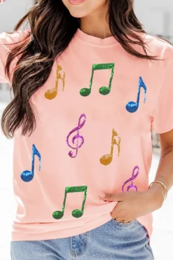 Clearance Dear-Lover Music Notes Patched Graphic Casual T Shirt Pink