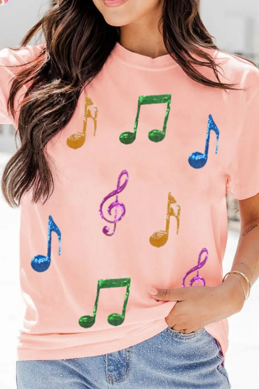 Clearance Dear-Lover Music Notes Patched Graphic Casual T Shirt Pink