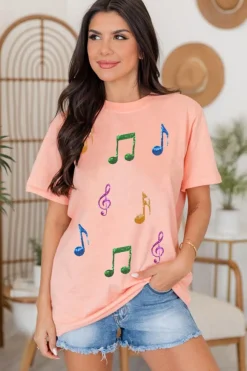 Clearance Dear-Lover Music Notes Patched Graphic Casual T Shirt Pink