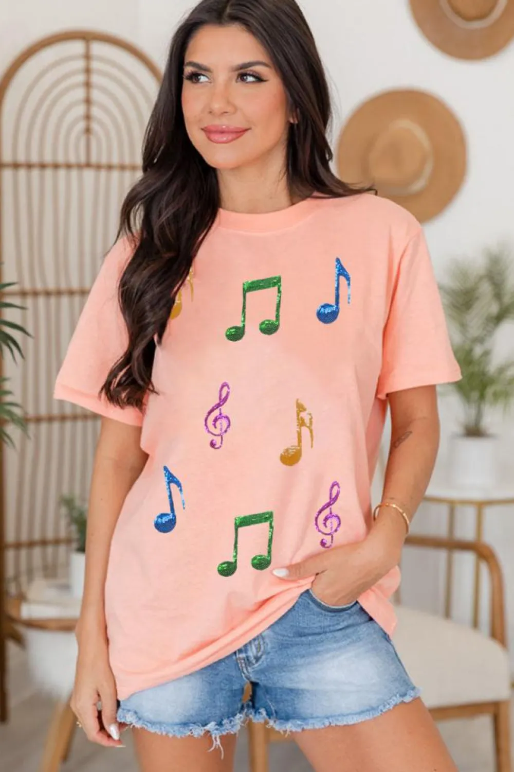 Clearance Dear-Lover Music Notes Patched Graphic Casual T Shirt Pink