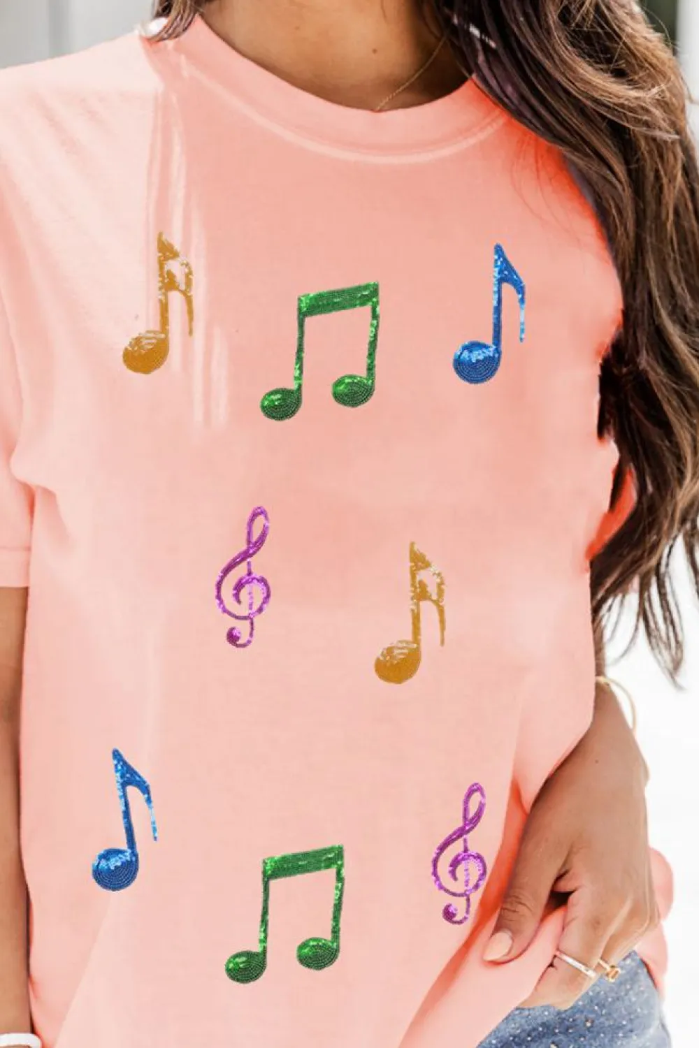 Clearance Dear-Lover Music Notes Patched Graphic Casual T Shirt Pink