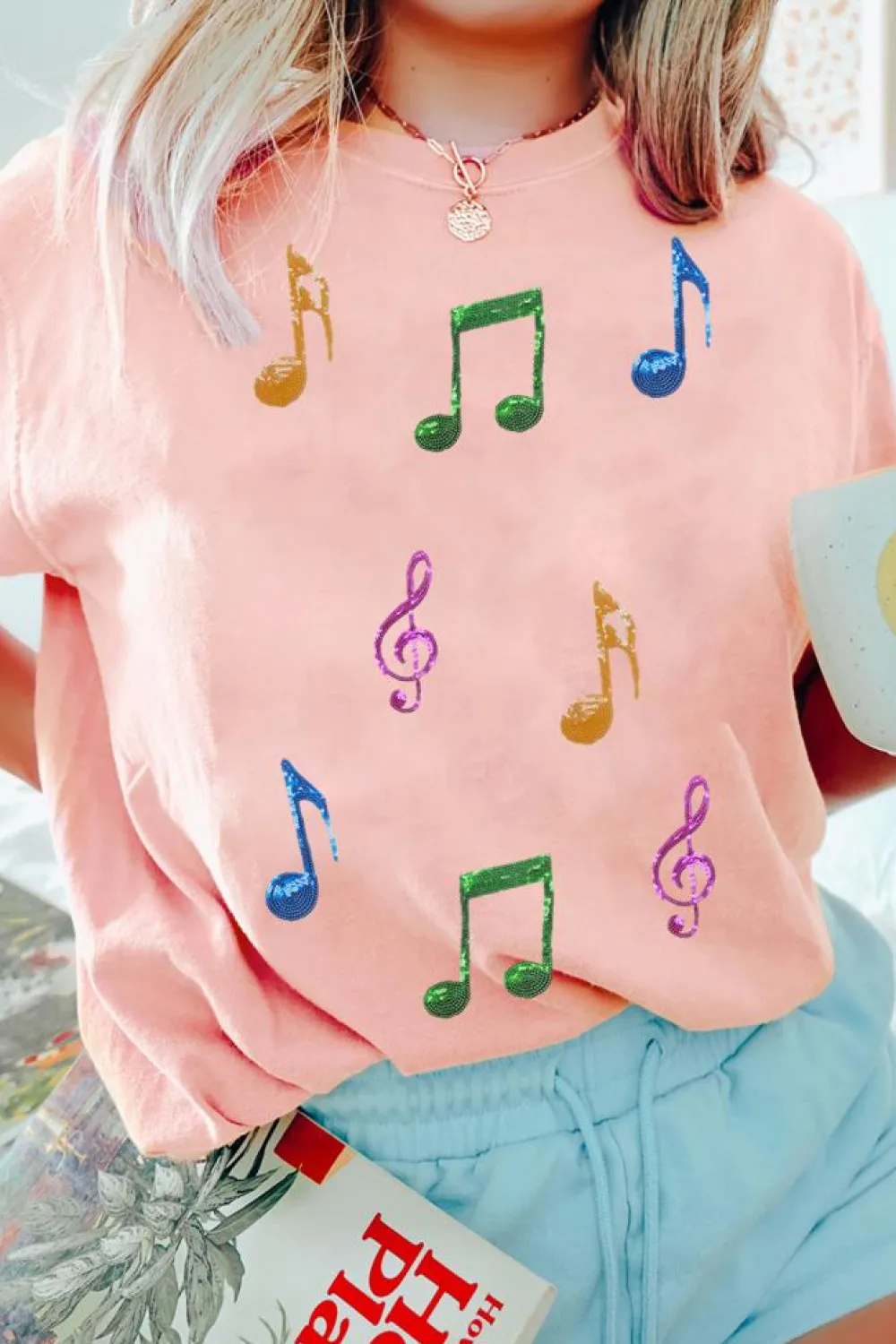 Clearance Dear-Lover Music Notes Patched Graphic Casual T Shirt Pink