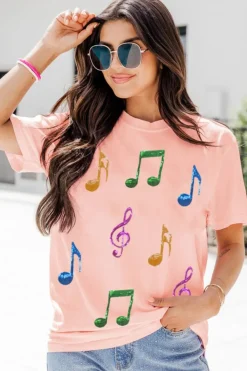 Clearance Dear-Lover Music Notes Patched Graphic Casual T Shirt Pink