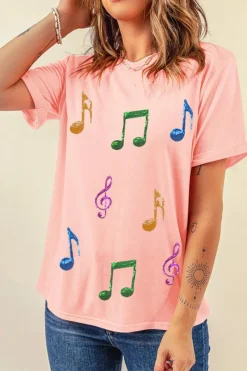 Clearance Dear-Lover Music Notes Patched Graphic Casual T Shirt Pink