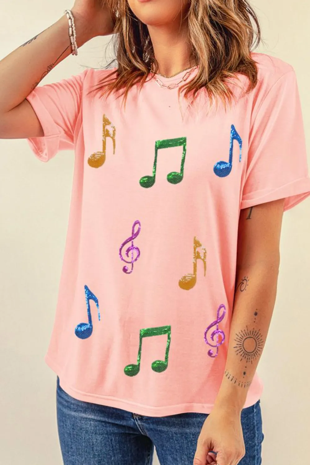 Clearance Dear-Lover Music Notes Patched Graphic Casual T Shirt Pink