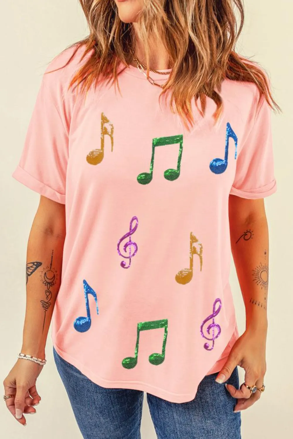 Clearance Dear-Lover Music Notes Patched Graphic Casual T Shirt Pink