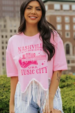 Outlet Dear-Lover NASHVILE MUSIC CITY Graphic Sequin Fringed Hem Tee Pink