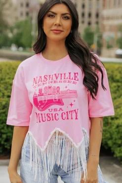 Outlet Dear-Lover NASHVILE MUSIC CITY Graphic Sequin Fringed Hem Tee Pink