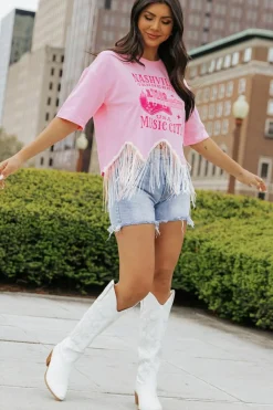 Outlet Dear-Lover NASHVILE MUSIC CITY Graphic Sequin Fringed Hem Tee Pink
