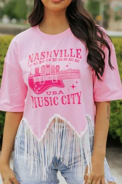 Outlet Dear-Lover NASHVILE MUSIC CITY Graphic Sequin Fringed Hem Tee Pink