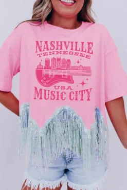 Outlet Dear-Lover NASHVILE MUSIC CITY Graphic Sequin Fringed Hem Tee Pink