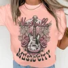 Best Dear-Lover Nashville MUSIC CITY Guitar Graphic Crewneck Tee Pink