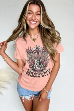 Best Dear-Lover Nashville MUSIC CITY Guitar Graphic Crewneck Tee Pink