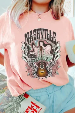 Hot Dear-Lover NASHVILLE MUSIC CITY Guitar Graphic T Shirt Pink
