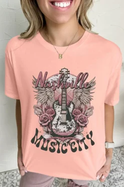 Best Dear-Lover Nashville MUSIC CITY Guitar Graphic Crewneck Tee Pink