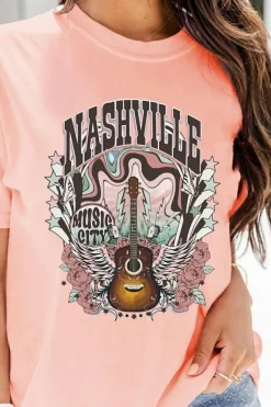 Hot Dear-Lover NASHVILLE MUSIC CITY Guitar Graphic T Shirt Pink