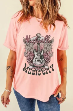 Best Dear-Lover Nashville MUSIC CITY Guitar Graphic Crewneck Tee Pink