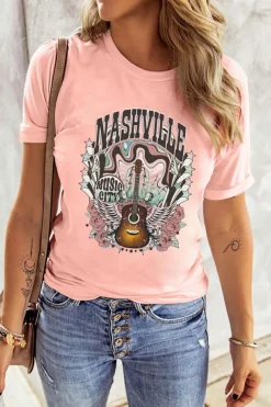 Hot Dear-Lover NASHVILLE MUSIC CITY Guitar Graphic T Shirt Pink