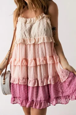 Hot Dear-Lover Ombre Swiss Dot Ruffled Tiered Mini Dress Pink
