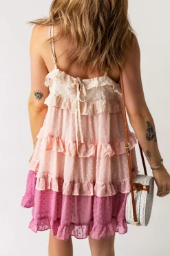 Hot Dear-Lover Ombre Swiss Dot Ruffled Tiered Mini Dress Pink