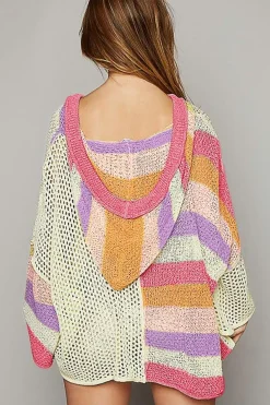 Best Dear-Lover Oversized Colorblock V Neck Hooded Sweater Pink
