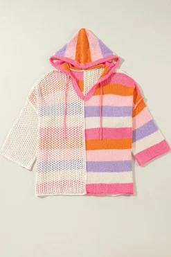 Best Dear-Lover Oversized Colorblock V Neck Hooded Sweater Pink