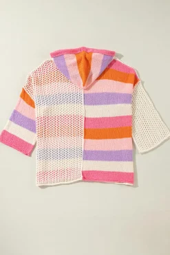 Best Dear-Lover Oversized Colorblock V Neck Hooded Sweater Pink