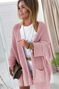 New Dear-Lover Oversized Fold Over Sleeve Open Front Cardigan Pink