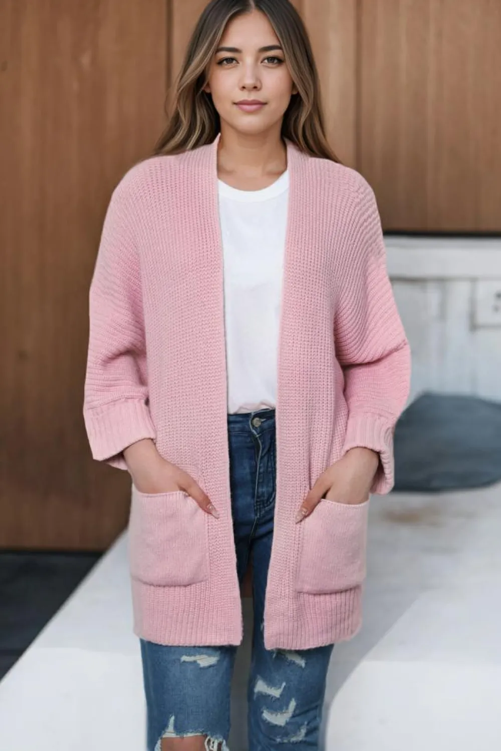 New Dear-Lover Oversized Fold Over Sleeve Open Front Cardigan Pink