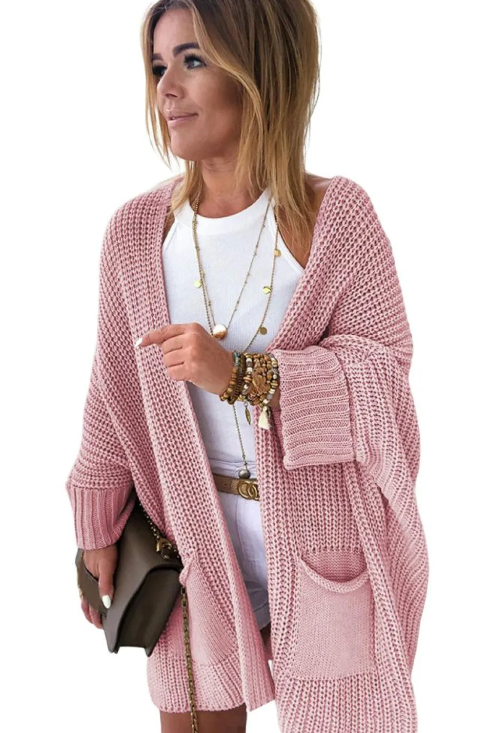 New Dear-Lover Oversized Fold Over Sleeve Open Front Cardigan Pink