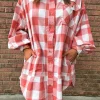 Clearance Dear-Lover Oversized Plaid Puff Sleeve Round Hem Shirt Dress Pink