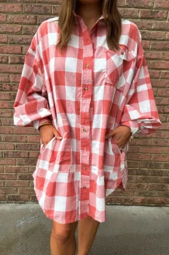 Clearance Dear-Lover Oversized Plaid Puff Sleeve Round Hem Shirt Dress Pink