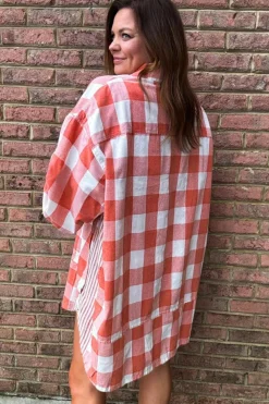 Clearance Dear-Lover Oversized Plaid Puff Sleeve Round Hem Shirt Dress Pink