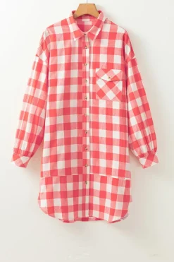 Clearance Dear-Lover Oversized Plaid Puff Sleeve Round Hem Shirt Dress Pink