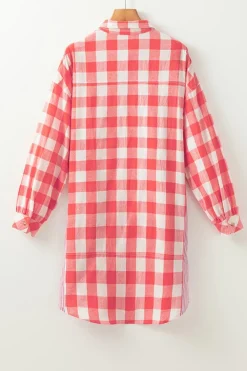 Clearance Dear-Lover Oversized Plaid Puff Sleeve Round Hem Shirt Dress Pink