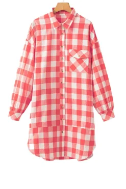 Clearance Dear-Lover Oversized Plaid Puff Sleeve Round Hem Shirt Dress Pink