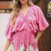 Discount Dear-Lover Paisley Geometric Print V Neck High Waist Romper Pink