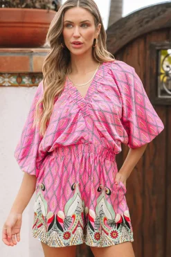 Discount Dear-Lover Paisley Geometric Print V Neck High Waist Romper Pink