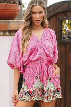 Discount Dear-Lover Paisley Geometric Print V Neck High Waist Romper Pink