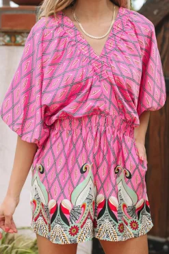 Discount Dear-Lover Paisley Geometric Print V Neck High Waist Romper Pink