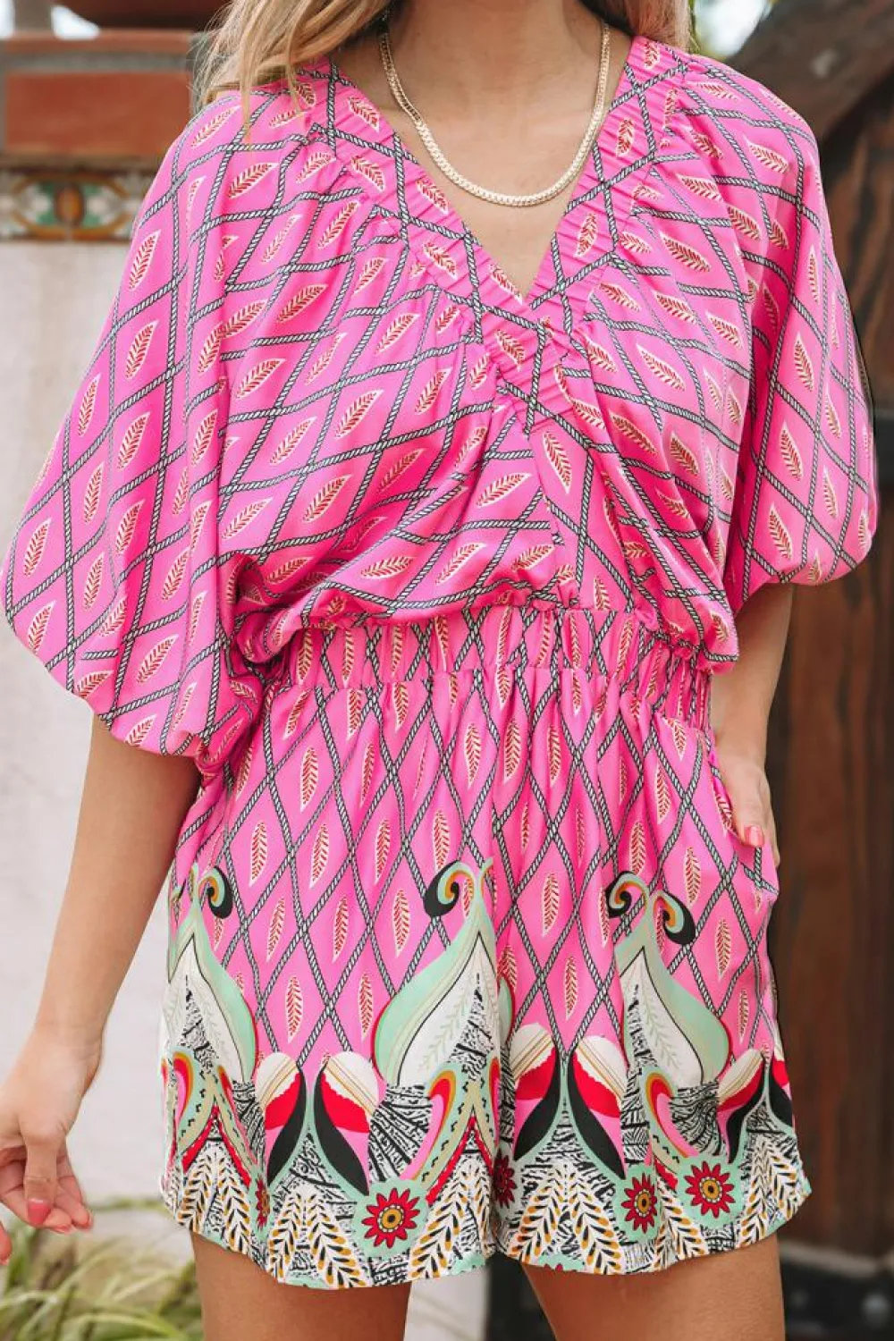 Discount Dear-Lover Paisley Geometric Print V Neck High Waist Romper Pink