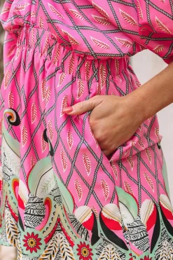 Discount Dear-Lover Paisley Geometric Print V Neck High Waist Romper Pink