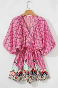 Discount Dear-Lover Paisley Geometric Print V Neck High Waist Romper Pink