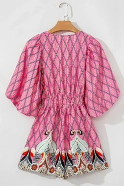 Discount Dear-Lover Paisley Geometric Print V Neck High Waist Romper Pink